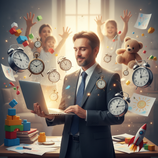 An illustration of a working father overwhelmed by time pressures, with symbolic elements representing work-life balance and emotional strain.