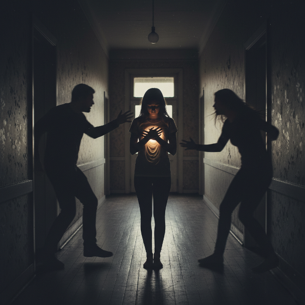A symbolic image of a young woman caught between her arguing parents, protecting her own inner light.