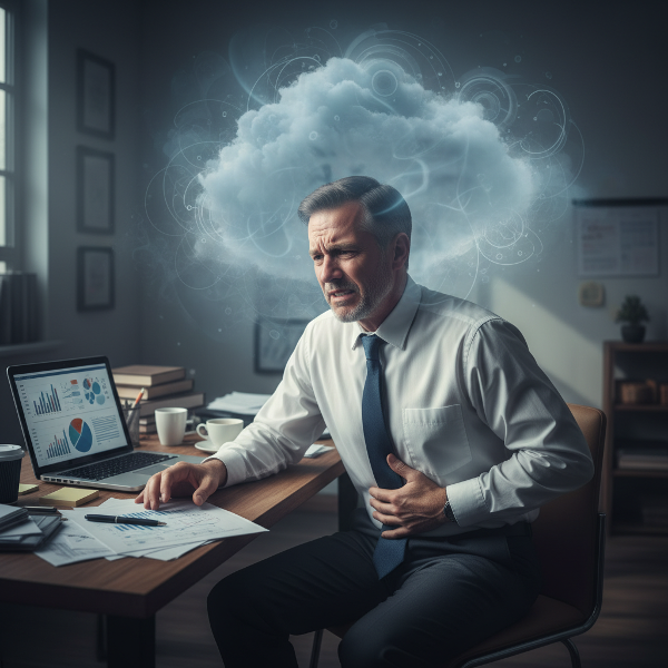A man experiencing physical symptoms of stress at work, with visual metaphors for nausea and numbness.