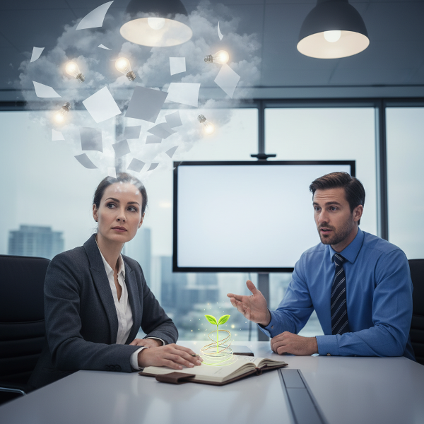 A professional woman experiences creative and intellectual freeze in a meeting, with her thoughts visualized as a blocked storm, while a small seed of an idea persists.