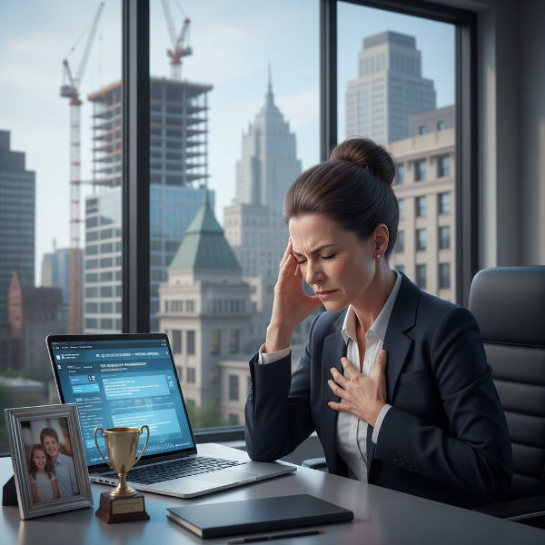 A senior professional woman experiences physical and emotional distress in a modernized, impersonal office environment that devalues her long-term expertise.