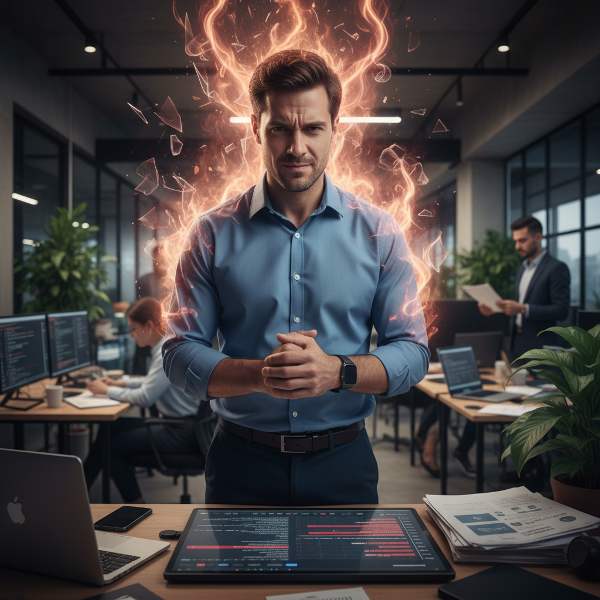 A man in a tech office, with a composed exterior but internal visualizations of rising stress and frustration.