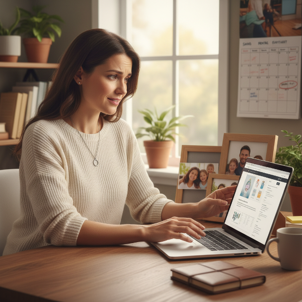 An image depicting a psychologist at her home office, balancing her professional work on a laptop with visible family elements, capturing the strain and integration of dual roles.
