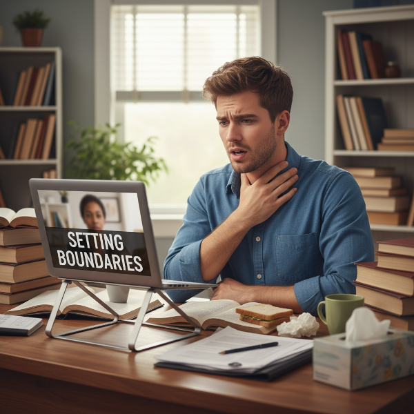 An image showing a psychologist experiencing physical anxiety symptoms during a difficult client conversation in his home office.