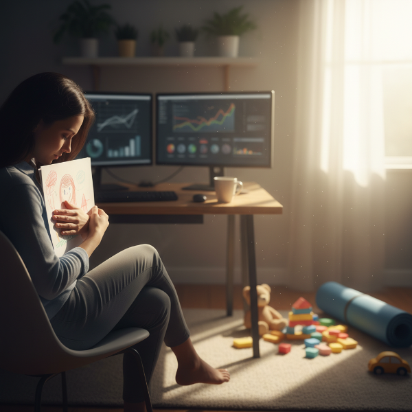 A visual metaphor for the collapse of boundaries in remote work and parenting, showing isolation and the pull of domestic life.