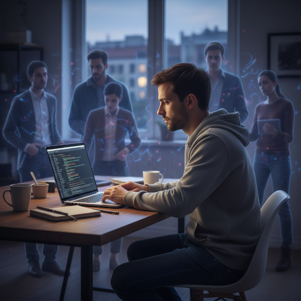 A remote worker experiencing isolation in a home office, with ghostly digital figures representing distant connections.