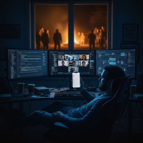 A software engineer feeling isolated in his remote workspace, contrasted with a distant sense of community.