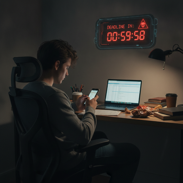 A stressed remote worker procrastinates at home under a ticking deadline clock.