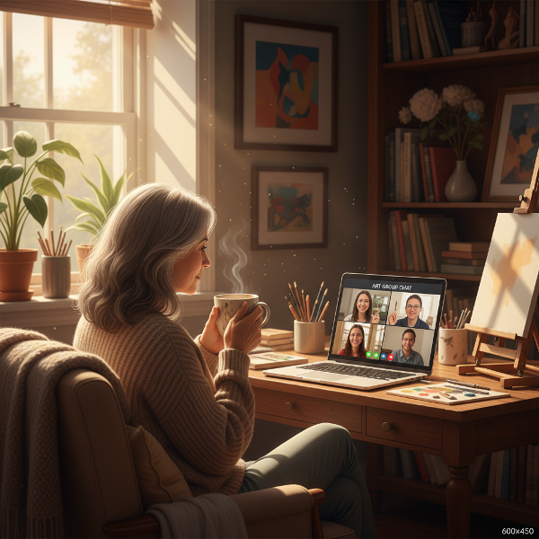A retired art teacher in her home, feeling isolated but seeking connection through online art communities, surrounded by her artwork and personal comforts.