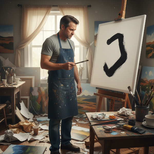 A retired man experiencing frustration and anger while painting, with ruined canvases around him.