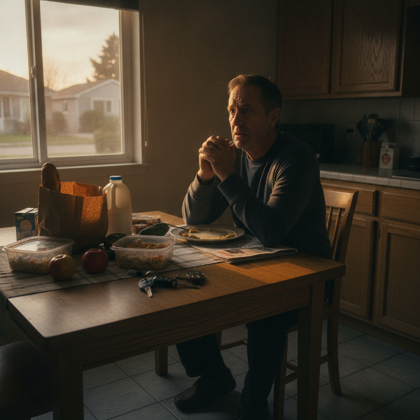 A stressed retired man at a kitchen table fixated on keys and groceries, reflecting perfectionism and anxiety.