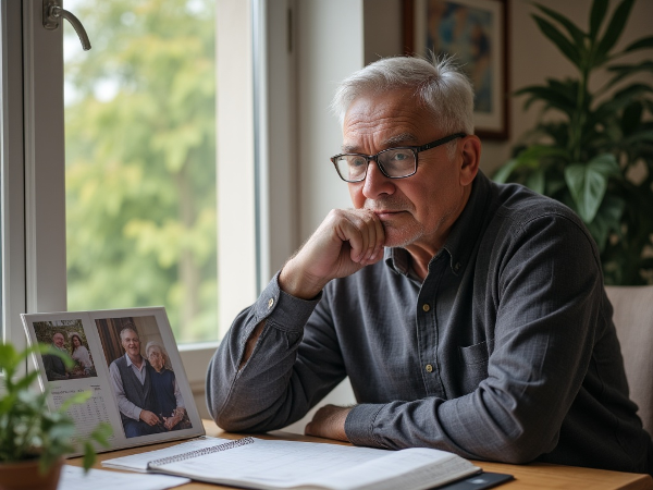 A retired man reflecting on life changes, surrounded by symbols of his concerns and memories.
