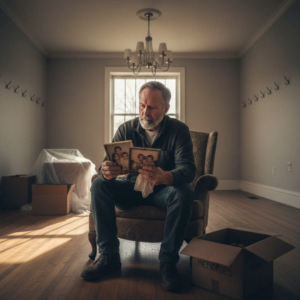 An older man reflecting in a quiet home, surrounded by memories, symbolizing the empty nest and identity shift.