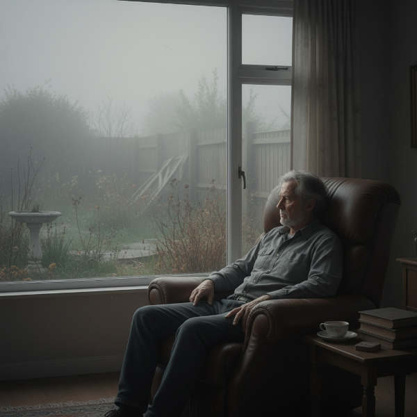 A man sits in a dim room, looking through a hazy window at a neglected garden, symbolizing apathy and disconnection in retirement.