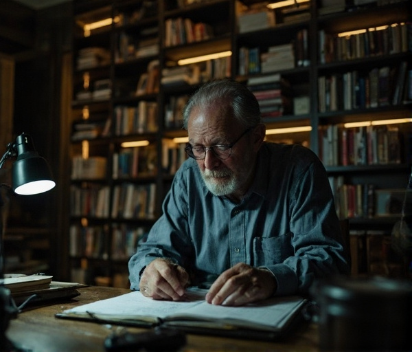 A retired teacher at a desk glancing back at meticulously organized bookshelves, representing how compulsive order can distract from memoir writing and retirement transition.