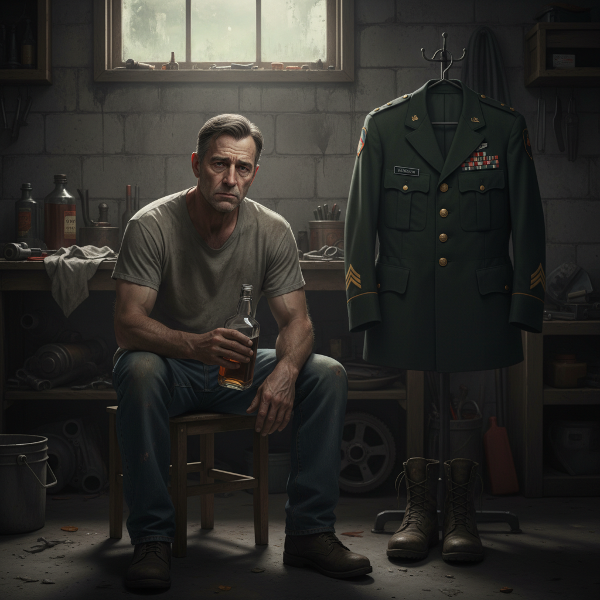 A sad military veteran in a garage, holding a whiskey bottle, illuminated by a single light, reflecting guilt and struggle.