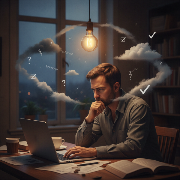 Man in his 30s at a laptop, self-doubt clouds transforming into checkmarks, symbolizing growing confidence.