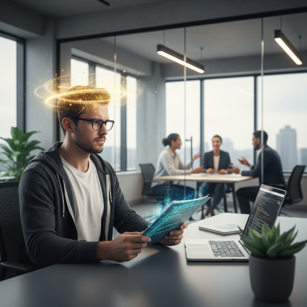 A quiet developer in an office setting, poised between his analytical work and the social world he wishes to join, with visual cues of inner thoughts and potential.