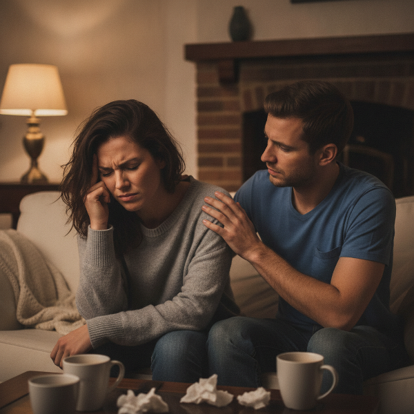 A stressed couple in a living room, woman with tired expression clenching jaw, man looking worried and supportive