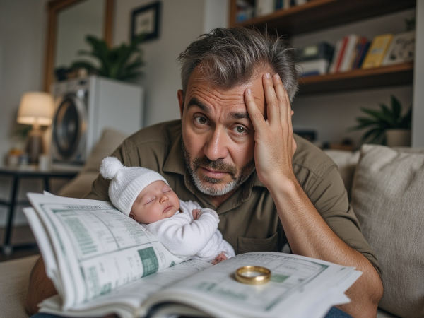 A man in his late fifties holds an infant, surrounded by bills and documents, with a faint image of a previous wedding ring in the background, capturing the stress of remarriage and financial strain.