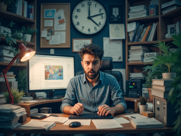 An image depicting a graphic designer experiencing physical stress symptoms while working under pressure.