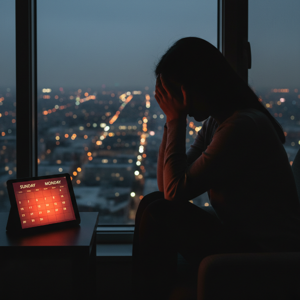 A silhouette of a woman experiencing Sunday evening anxiety, with a calendar highlighting the dreaded transition to Monday.