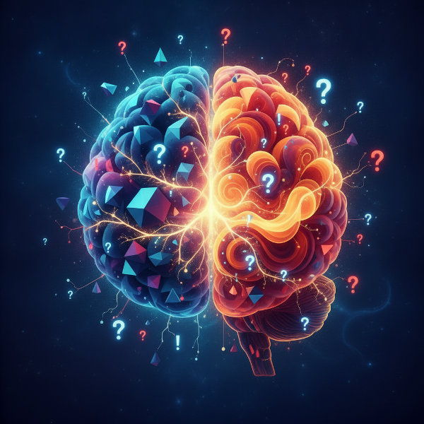 An abstract illustration of a human head silhouette with a colorful brain divided into patterns: one side geometric puzzles and a clear path, the other side flowing organic lines and adaptable shapes, with a lightbulb and maze motifs, representing systematic, intuitive, and flexible problem-solving.