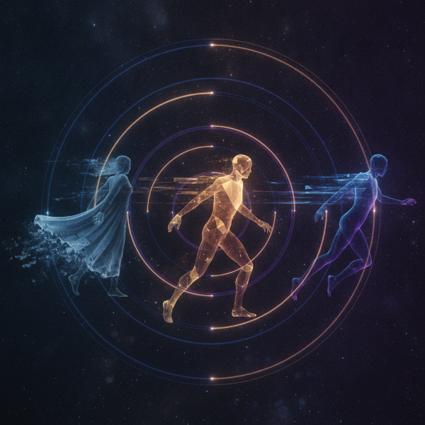 Three human silhouettes stand around an abstract clock, symbolizing past, present, and future influences on time perception.