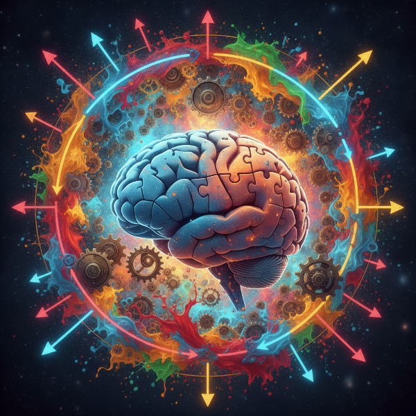 A surreal illustration of a puzzle-piece brain adapting to a dynamic, colorful environment with shifting gears and arrows.