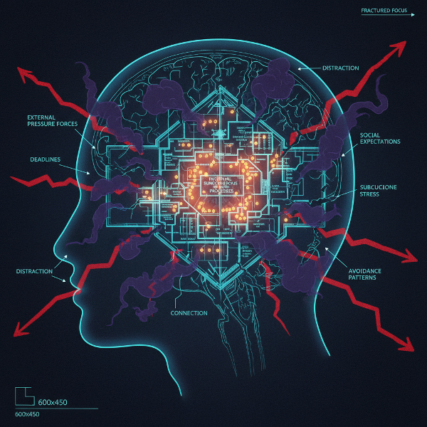 A translucent architectural diagram of a human head, showing internal motivators as glowing cores, external pressures as surrounding forces, and avoidance patterns as fracture lines in the structure.