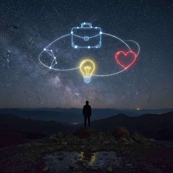 An illustration of a person under a starry sky with constellations shaped like career symbols, representing alignment of values and talents.