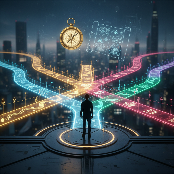An individual at a career crossroads with multiple glowing paths, a compass, and a blueprint overhead symbolizing guidance and structured planning.