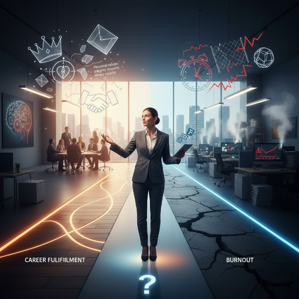 An illustration showing a professional at a career crossroads, with symbolic elements representing leadership, values alignment, and stress awareness in a contemporary workspace.