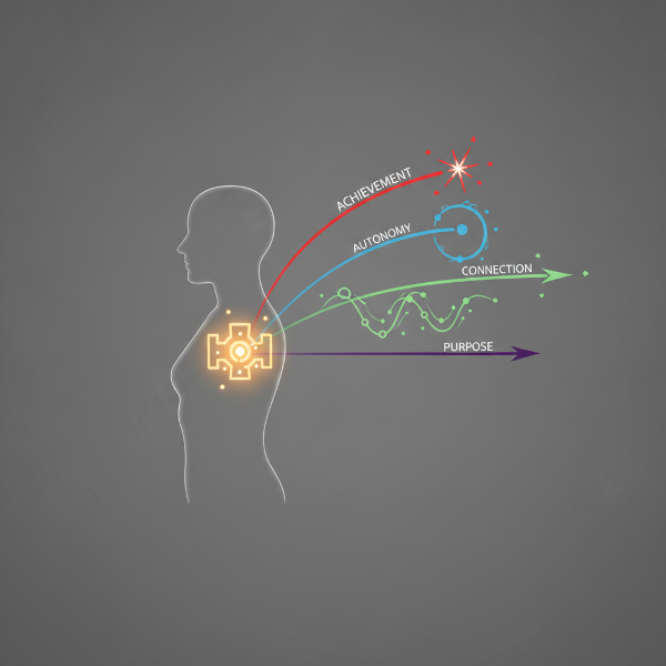 Silhouette with glowing engine and spark trails symbolizing career motivation drivers.