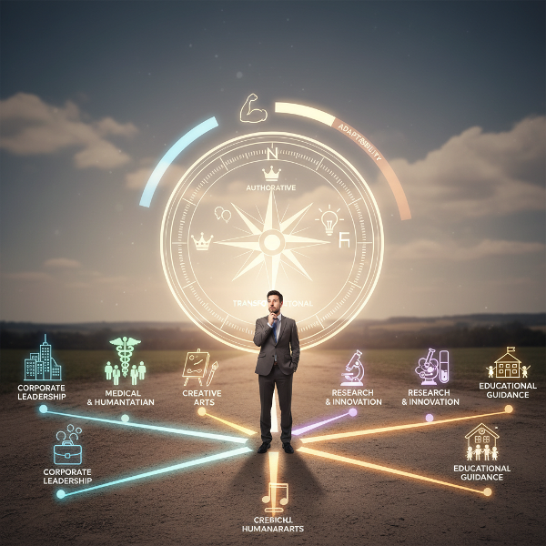 An illustration showing a person at a career crossroads with multiple professional paths, a compass displaying leadership styles, and visual indicators of resilience and burnout prevention.
