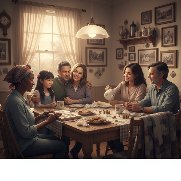 A nostalgic family scene with members sharing emotions in a warm, cozy kitchen.