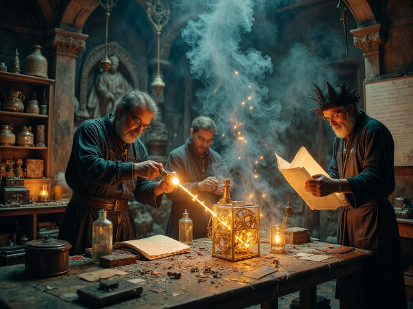 A mystical alchemy workshop showing three creative strategies transforming constraints into innovation through light, machinery, and writing.