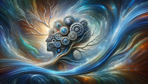 An abstract image showing gears transforming into flowing water and resilient branches, symbolizing the ability to adapt, switch thinking patterns, and recover from setbacks.