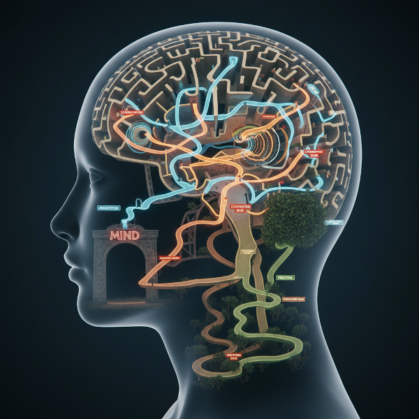 A visual metaphor of the mind as a maze, with paths representing different thinking strategies and distortions representing cognitive biases.
