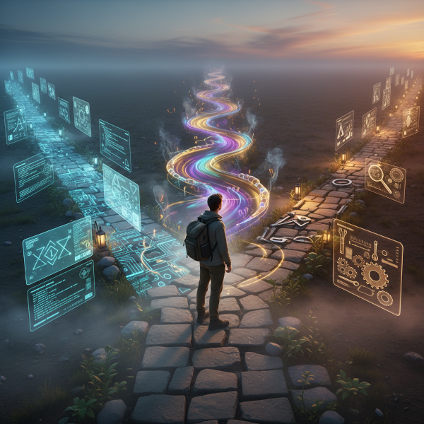 An illustration of three distinct thinking paths—analytical, intuitive, and pragmatic—converging at a personal decision point.