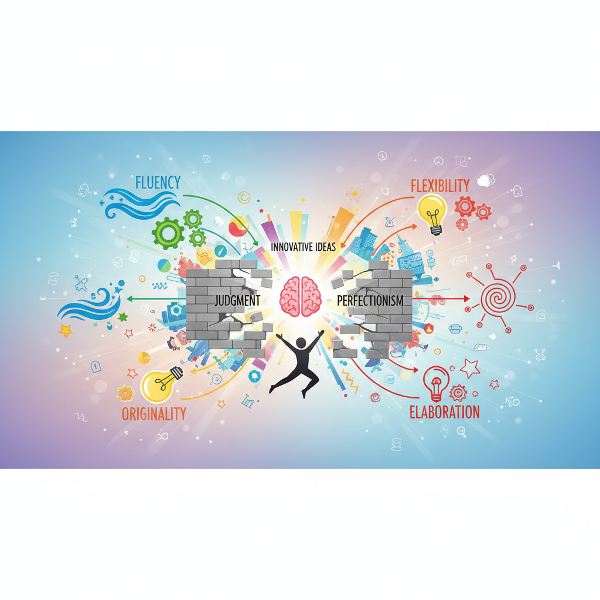 An illustration of a creative mind map with four main branches, depicting the breaking of mental barriers to unleash innovative thinking.