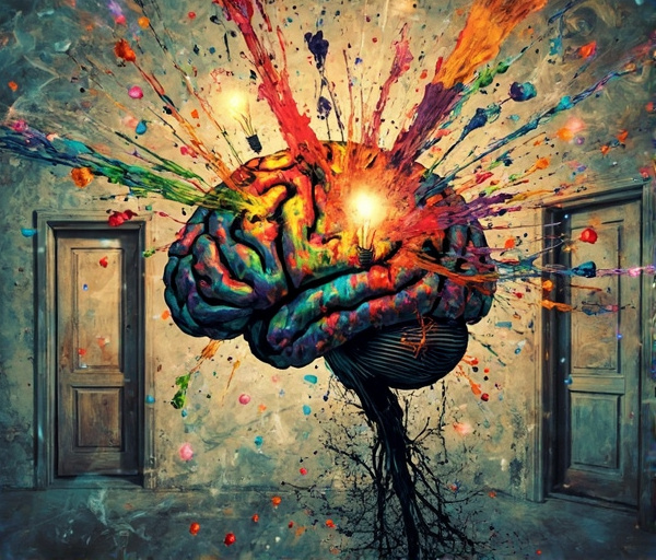 An abstract illustration showing a glowing brain with lightbulbs and paint splashes, surrounded by geometric patterns and open doors, conveying innovative thinking.