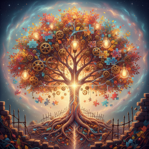 An abstract image of a human head with a tree growing inside, its branches sprouting gears, lightbulbs, and puzzle pieces, representing creative thought processes and innovation.