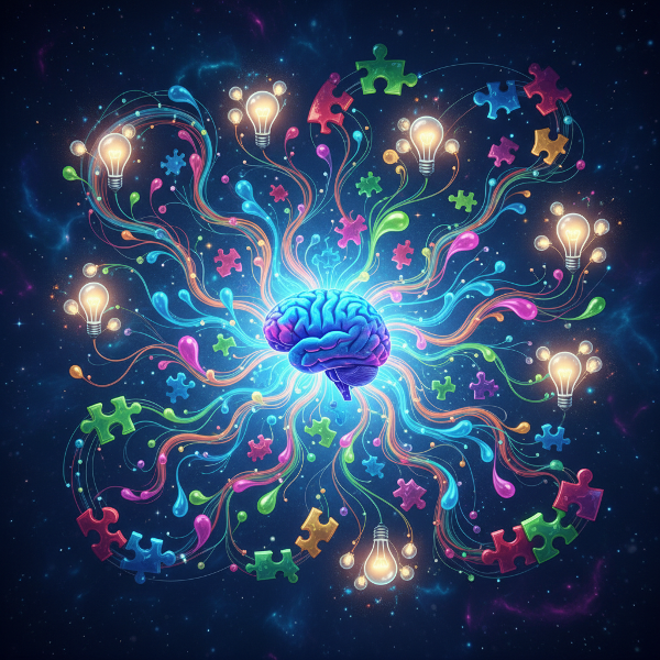 An abstract visualization of creative thinking, showing idea generation, conceptual connections, and mental breakthroughs.