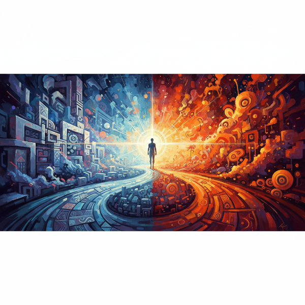 An abstract visualization of creative thinking styles at a crossroads, showing structured refinement versus bold innovation.