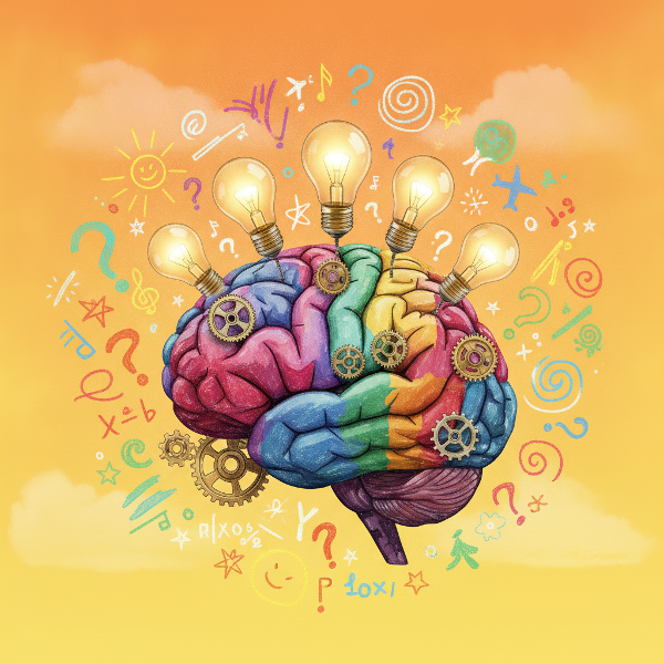 Illustration of a creative mind with lightbulbs, gears, and doodles symbolizing idea generation and problem-solving.