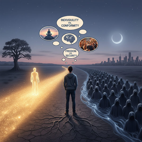 An individual at a symbolic crossroads between personal autonomy and social conformity, with visual elements representing internal conflict and external influences.