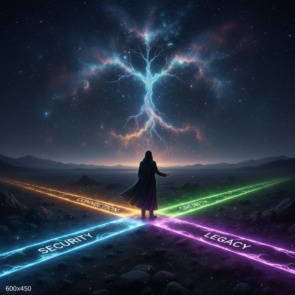 An individual at a luminous crossroads under a vast, star-filled sky, with paths radiating outwards representing core life values and the search for meaning.