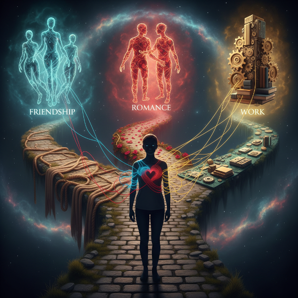 An image showing a person at a crossroads with paths for different relationships, connected by glowing threads to abstract figures, illustrating attachment styles and interactions.