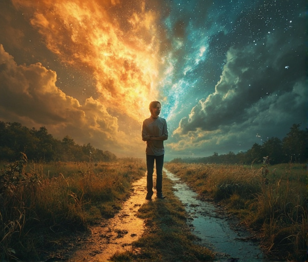 An illustration of a moment of pause between an automatic urge and a conscious choice, with colorful triggers and a serene alternative.